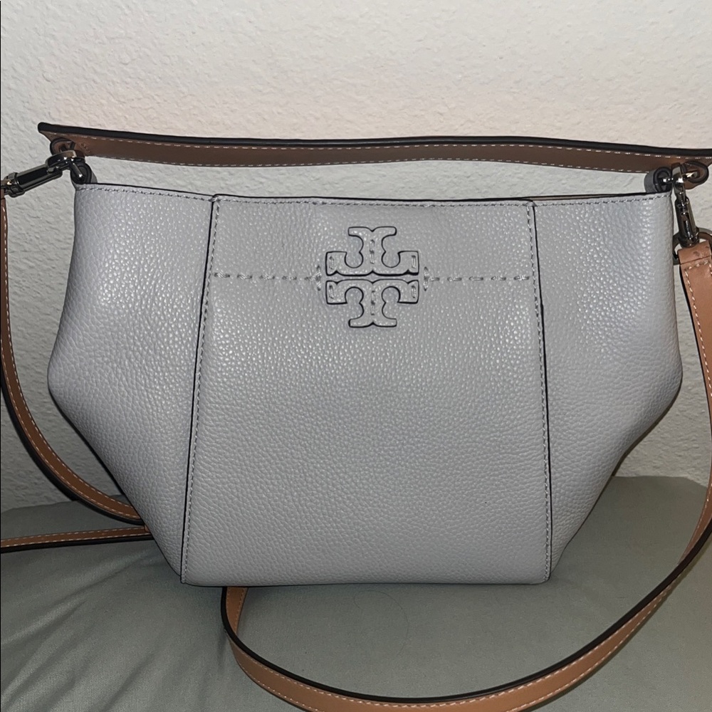 Tory Burch Light Gray Crossbody Bag with Tan Strap